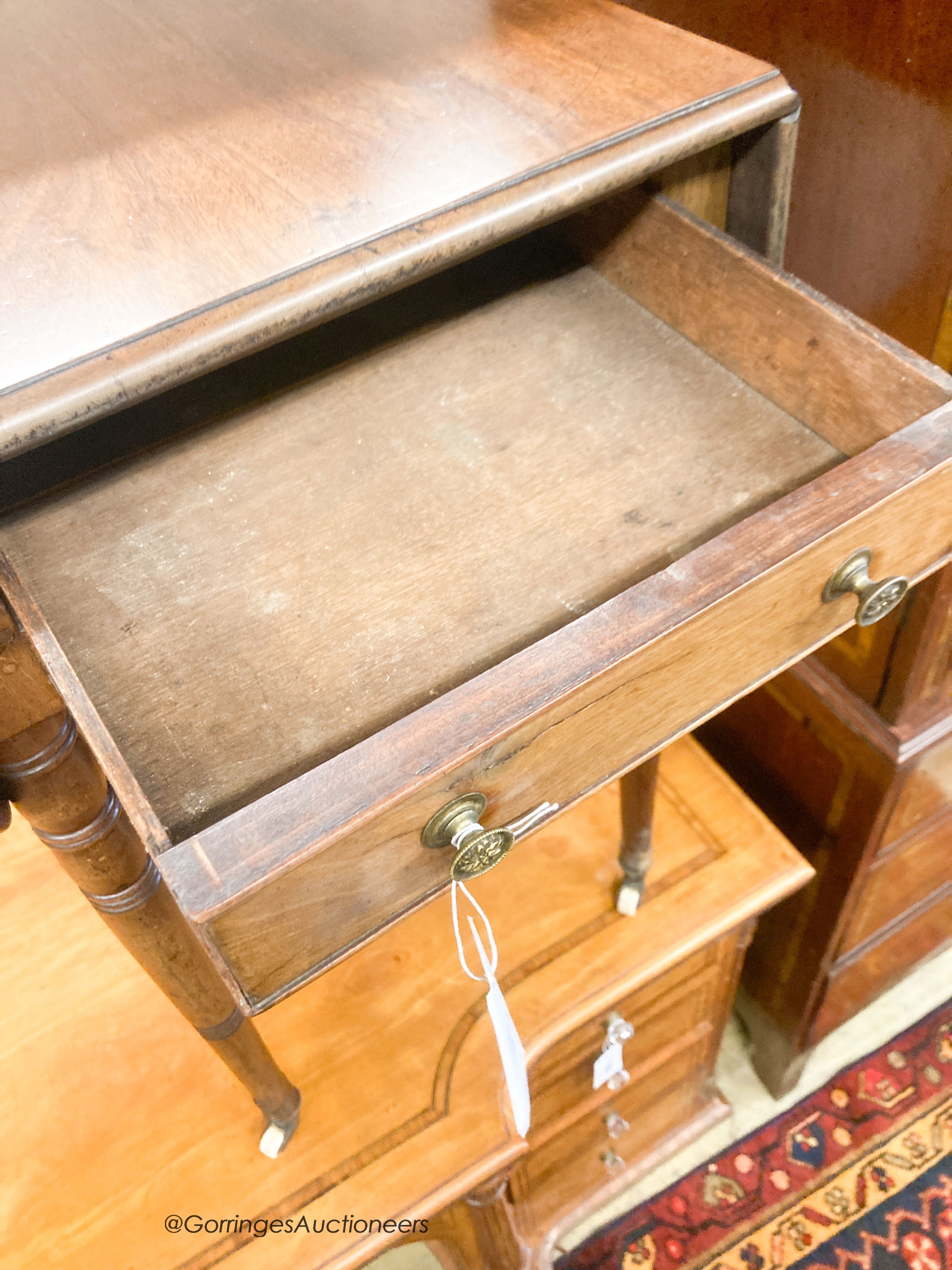 A Regency mahogany drop flap, work table, width 42cm, depth 54cm, height 70cm